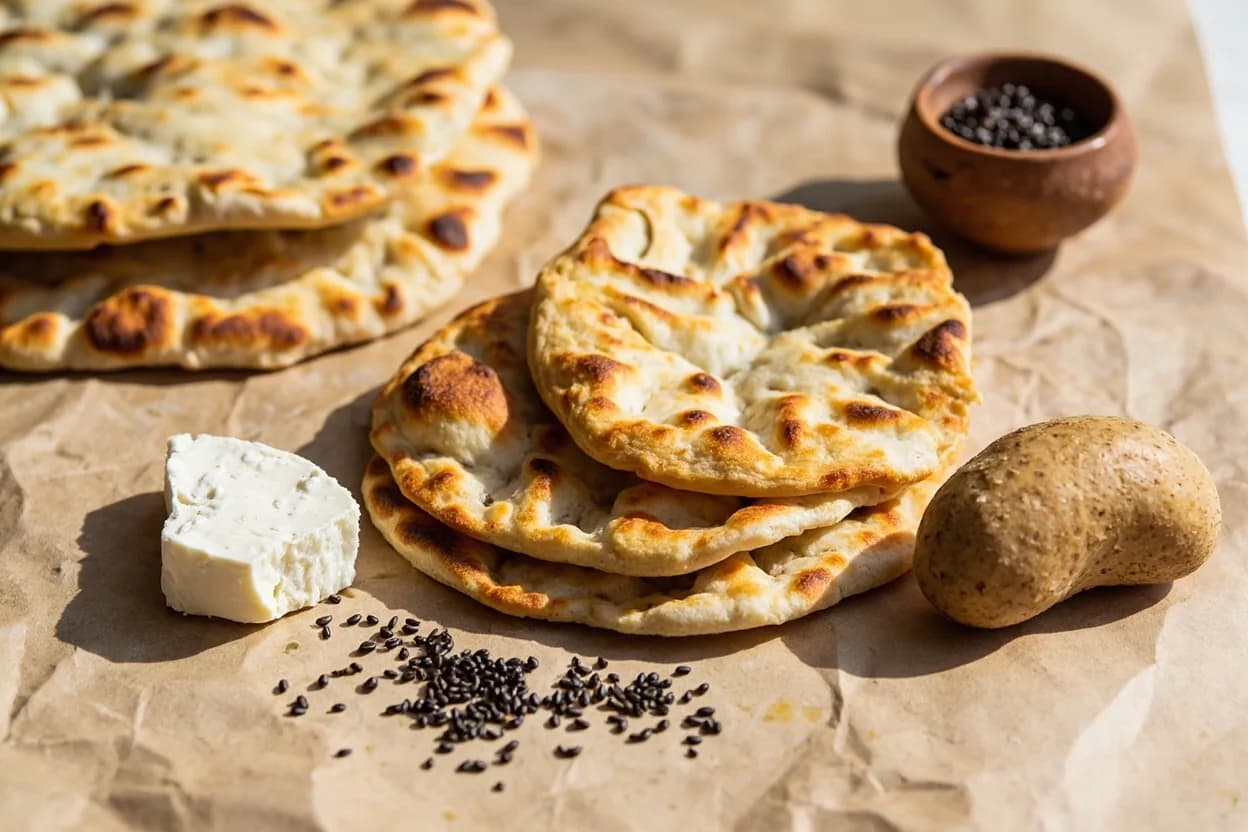 Kalonji (Nigella Seed) paired with Naan and flatbreads (South Asian / Middle Eastern) — the canonical affinity made visible. Scattered on the surface before baking, kalonji seeds add textural crunch and a savory, onion-adjacent depth that balances the yeasty bread beneath.