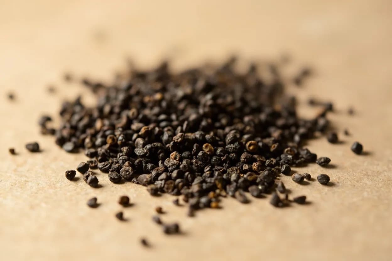 Kalonji (Nigella Seed) in its natural form. Kalonji (Nigella sativa) produces tiny matte-black teardrop seeds with a flavor that sits at the intersection of onion, black pepper, oregano, and a trace of bitterness. Tasting profile: bitter onion pungency, thymoquinone resinous warmth, oregano-like herbal note, mild black pepper heat.