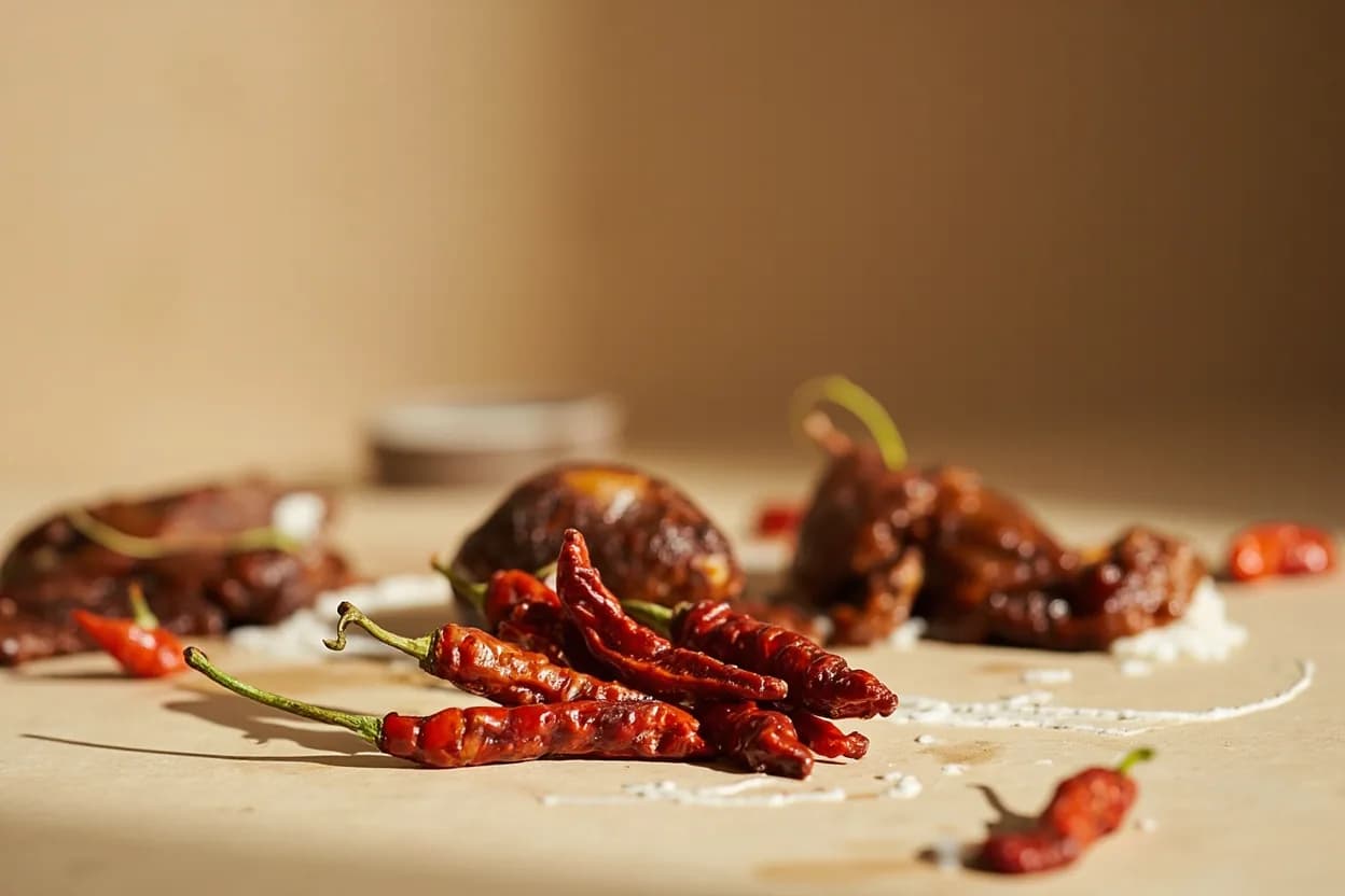 Kashmiri Chili paired with Yogurt (North Indian) — the canonical affinity made visible. The standard marinade base for tandoori preparations — yogurt tenderizes protein while Kashmiri chili stains it a spectacular brick-red that deepens under tandoor heat.