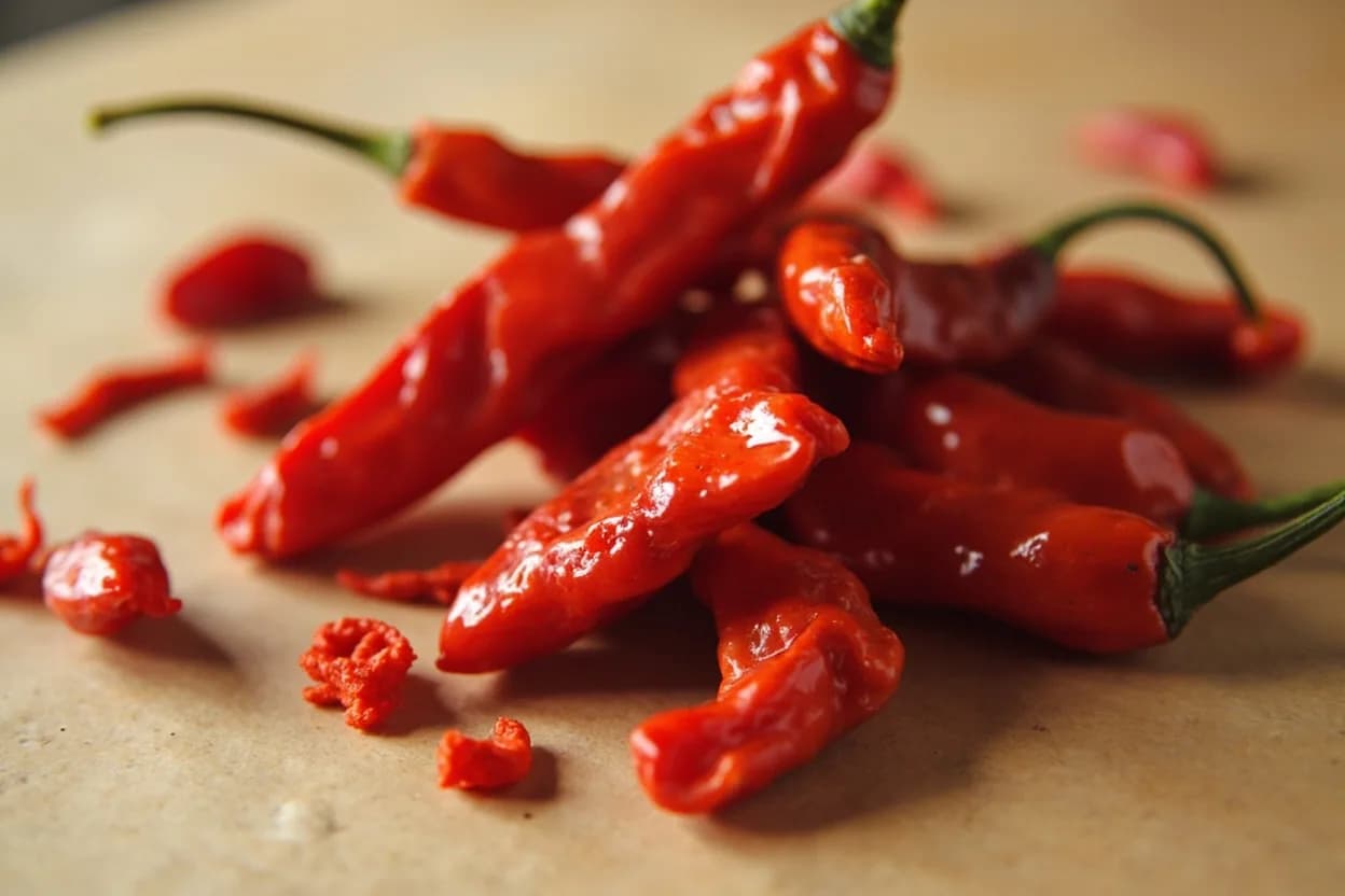Kashmiri Chili in its natural form. Kashmiri chili (Capsicum annuum) is a variety grown primarily in Jammu & Kashmir and parts of Himachal Pradesh, prized above all for its extraordinary crimson pigmentation and relatively mild heat (t… Tasting profile: vivid fruitiness, mild warmth, subtle earthiness, gentle sweetness.