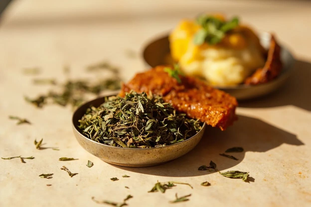 Kasuri Methi (Dried Fenugreek Leaf) paired with Butter chicken (murgh makhani) (North Indian (Punjabi)) — the canonical affinity made visible. Kasuri methi is the defining finishing herb of butter chicken, crumbled in off-heat to add aromatic depth and a gentle bitter counterpoint to the rich, sweet tomato-cream base.
