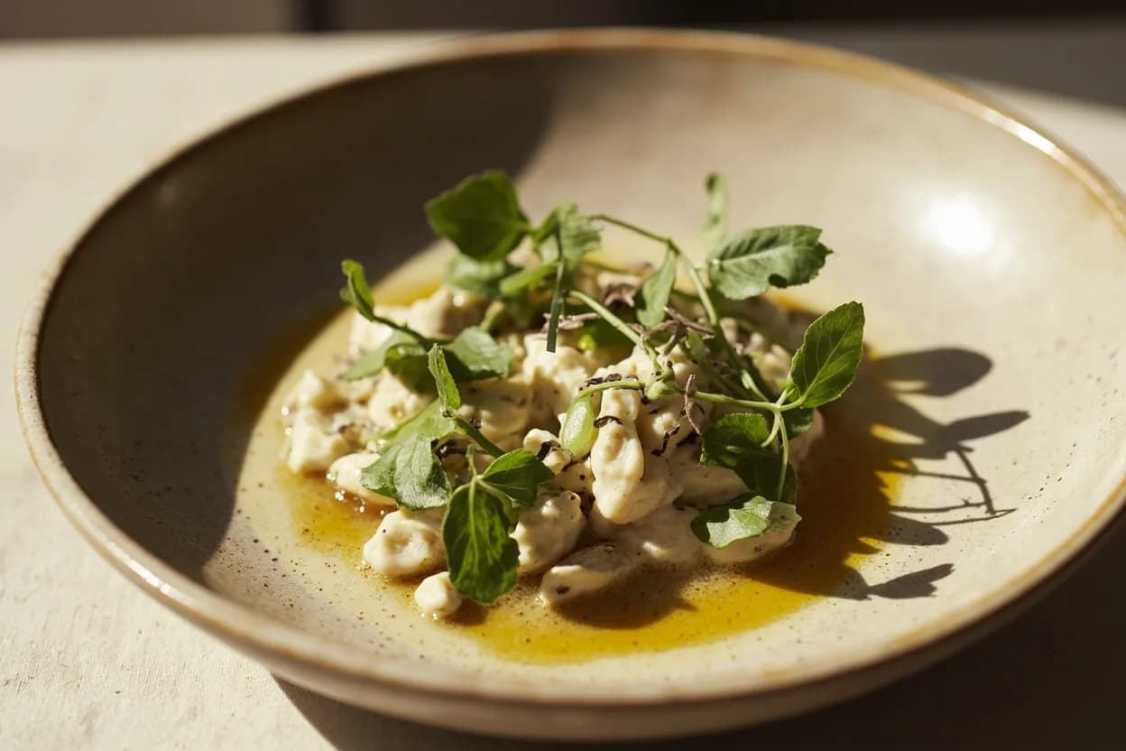 Kinome (Sansho Leaf) in its element — Kinome-ae (bamboo shoot with kinome miso). Adventurous crossover: Burrata or fresh ricotta — Bruised kinome leaves over creamy fresh cheese with yuzu olive oil creates a Japan-Italy fusion that highlights the leaf's citrus register without clash..