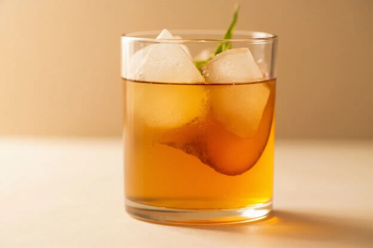 Kombucha in its natural form. Kombucha is black or green tea sweetened with cane sugar and fermented by a symbiotic culture of bacteria and yeast (SCOBY) over 7–30 days. Tasting profile: bright acetic acid tartness (softer than white wine vinegar), gluconic acid fruitiness — apple, pear, or grape depending on culture, tannin depth from the tea base (more pronounced in black-tea kombucha), fine carbonation from yeast activity.