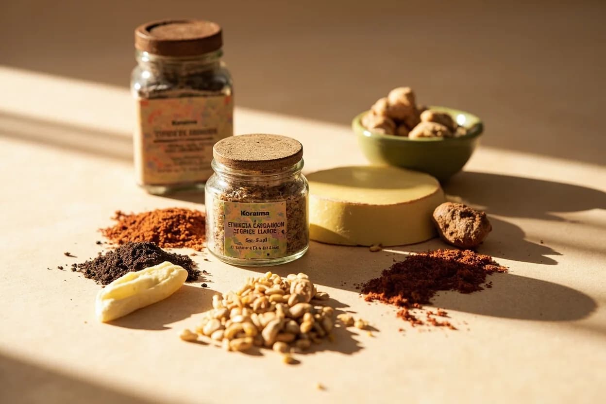 Korarima (Ethiopian Cardamom) paired with Berbere spice blend (Ethiopian) — the canonical affinity made visible. Korarima is a structural pillar of berbere — it provides the citrus-camphor top note that lifts the blend's heat and distinguishes Ethiopian berbere from other global chile-spice blends.