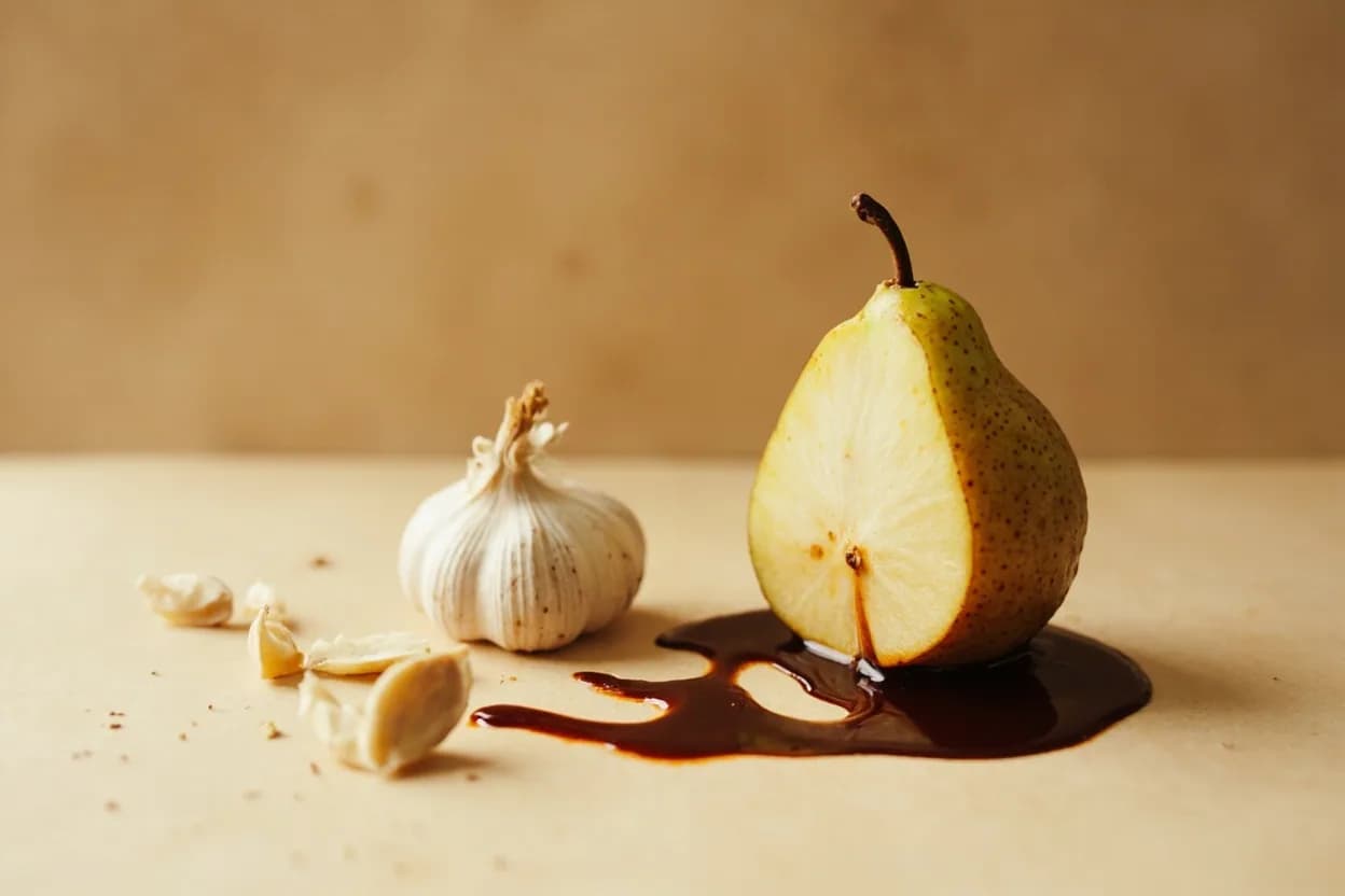 Korean Pear paired with Soy sauce (Korean) — the canonical affinity made visible. Pear's sweetness balances soy's salinity and umami in Korean marinades; the two are inseparable in bulgogi and galbi.