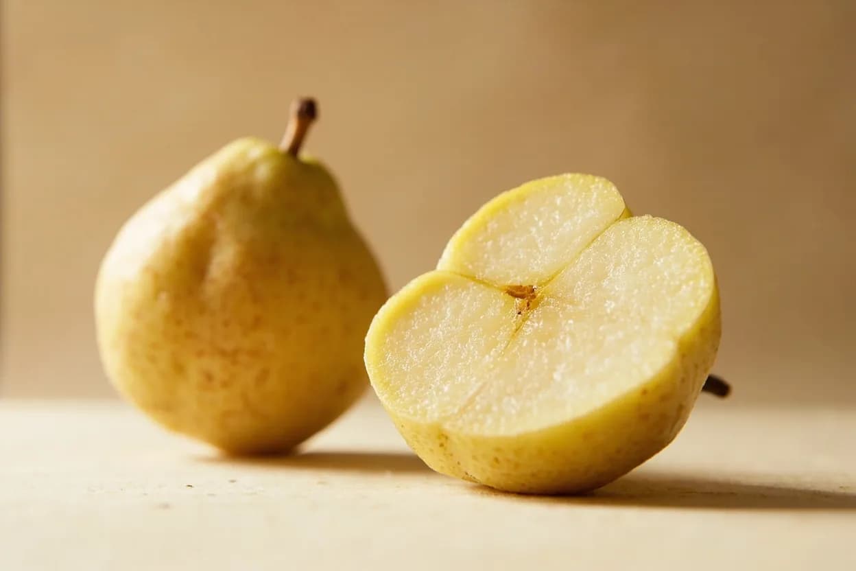 Korean Pear in its natural form. Korean pear (Pyrus pyrifolia) is a round, golden-skinned pear with a grainy-crisp texture that holds its shape even when ripe, unlike European pears. Tasting profile: Clean, watery sweetness with floral overtones, Mild honey-apple aroma, Very low acidity compared to European pears, Crisp, grainy texture that resists softening.