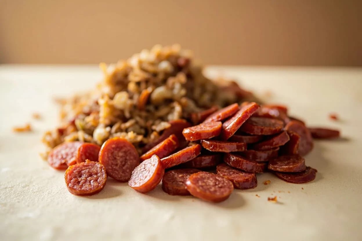Lap Cheong (Chinese Sausage) paired with steamed white rice (rice cooker method) (Cantonese Chinese) — the canonical affinity made visible. The most iconic preparation: lap cheong sliced on top of uncooked rice, cooked together so the sausage fat and juices drip down and perfume every grain — the single most common way the sausage is eaten across southern C…