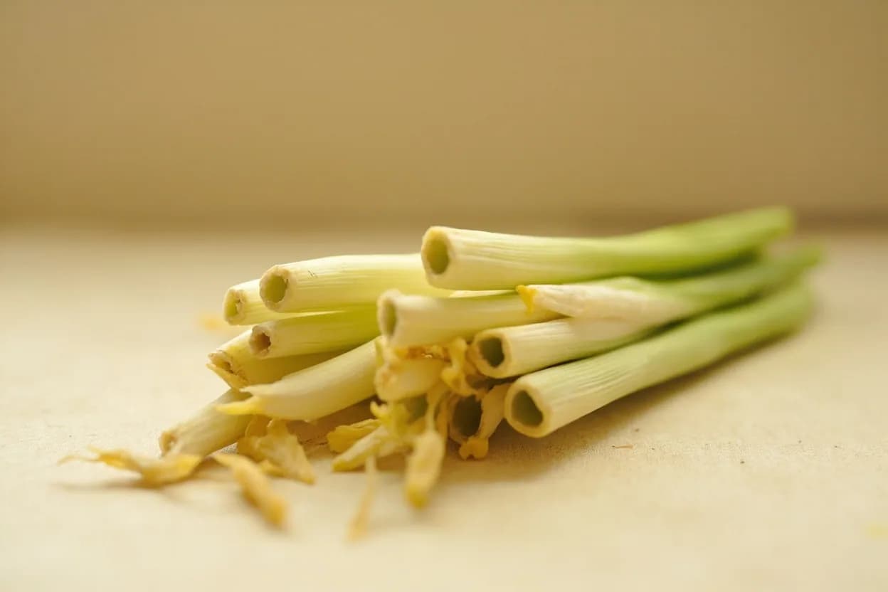 Lemongrass in its natural form. Lemongrass (Cymbopogon citratus) is a tall tropical grass whose fibrous inner stalks release an intensely lemony fragrance dominated by citral, the same aroma compound found in lemon zest but here ea… Tasting profile: bright, fresh citrus (citral aroma compound), green, grassy herbaceousness, faint ginger-like warmth, floral top note (geraniol).