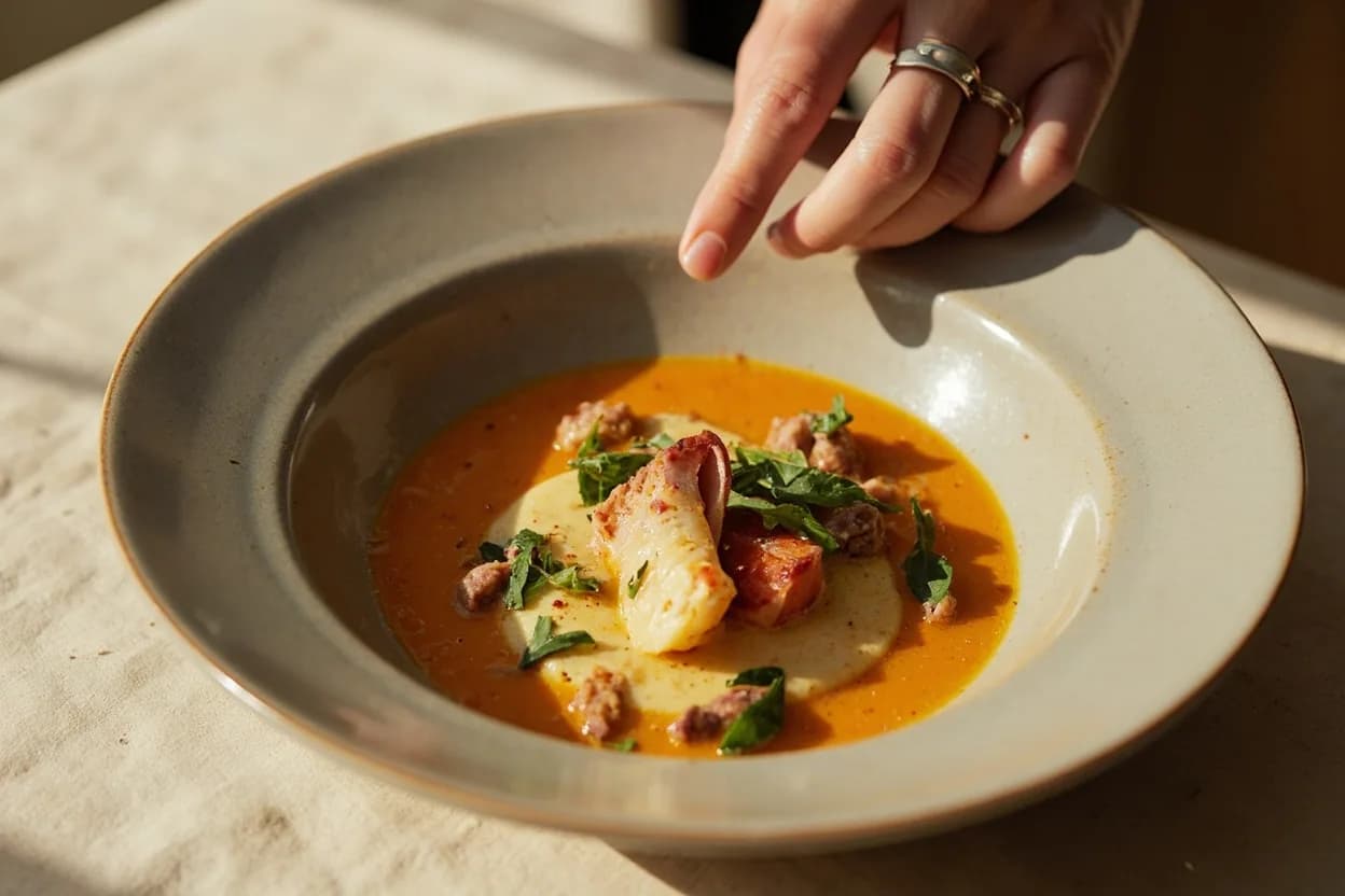 Mace in its element — Béchamel sauce (French mother sauce). Adventurous crossover: Lobster bisque — The sweet, briny iodine of lobster has an affinity with mace's floral warmth that dates to 18th-century English cookbooks; the spice lifts the richness of the cream and amplifies the shellfish sweetness..