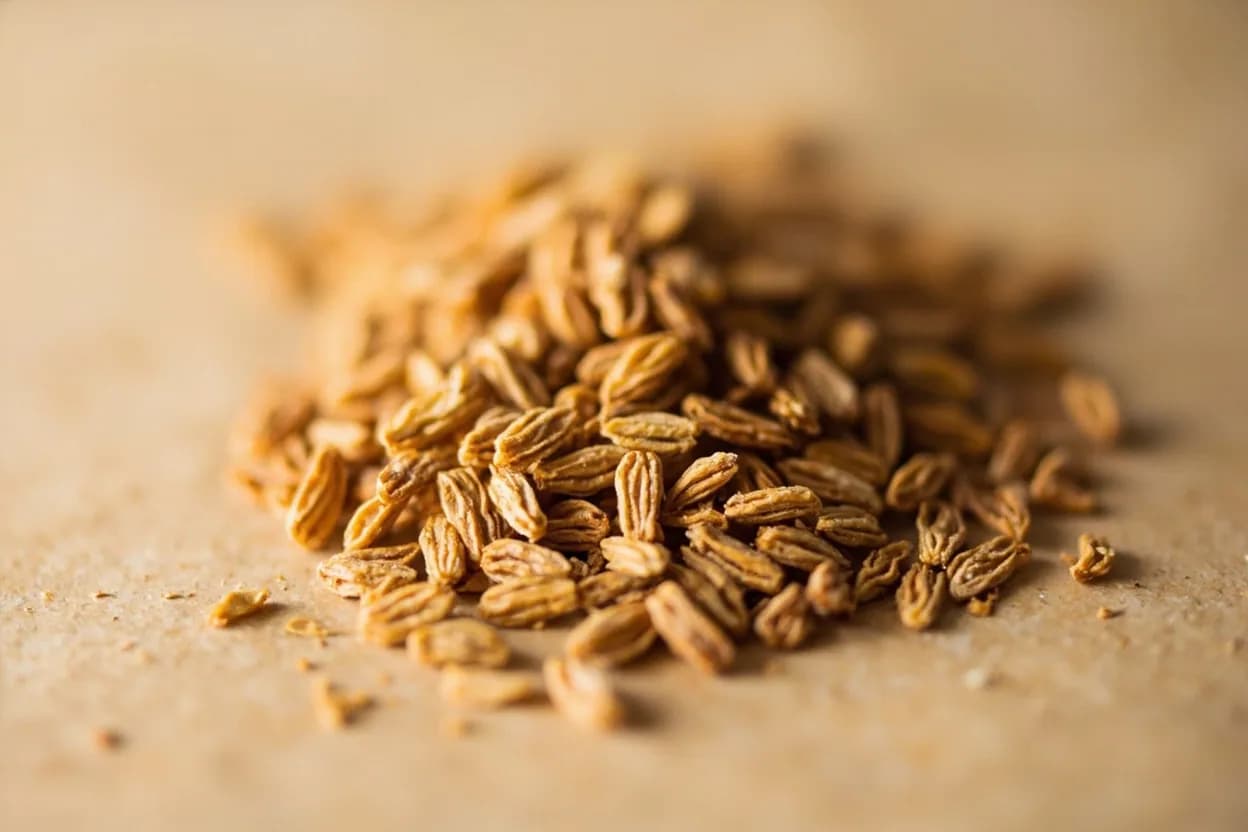Malted Barley in its natural form. Malted barley is barley grain that has been allowed to partially germinate, then kiln-dried to halt germination. Tasting profile: sweet biscuit and digestive cracker (pale malt), toffee and butterscotch (crystal malt), roasted coffee and dark chocolate (roasted/black malt), warm bread crust from Maillard browning.