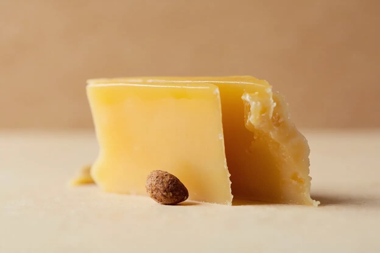 Marcona Almond paired with Manchego cheese (Spanish tapas) — the canonical affinity made visible. The almond's sweetness bridges Manchego's lanolin-rich, sheepy tang; a canonical Spanish cheese plate combination.