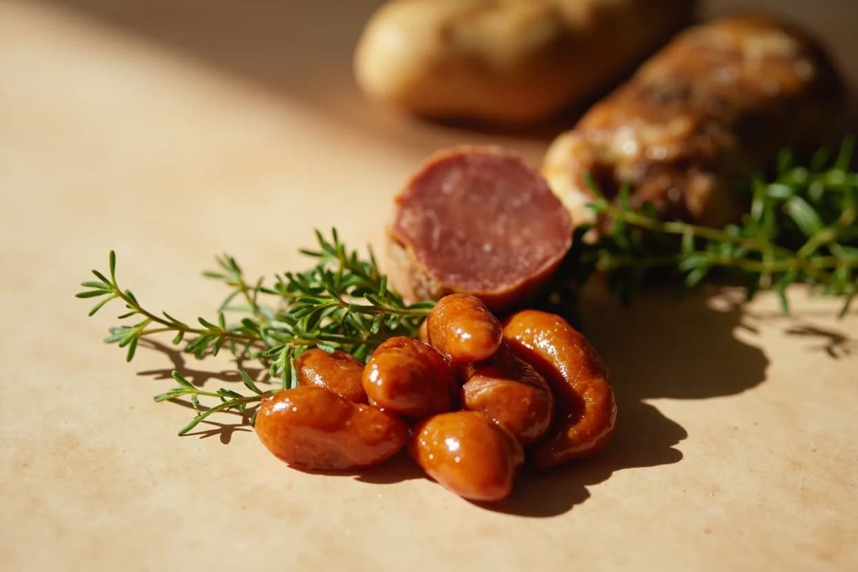Marjoram paired with Pork sausage (Wurst) (German) — the canonical affinity made visible. Marjoram is the defining herb of German sausage-making — Bratwurst, Leberwurst, and Thüringer would be unrecognisable without it.