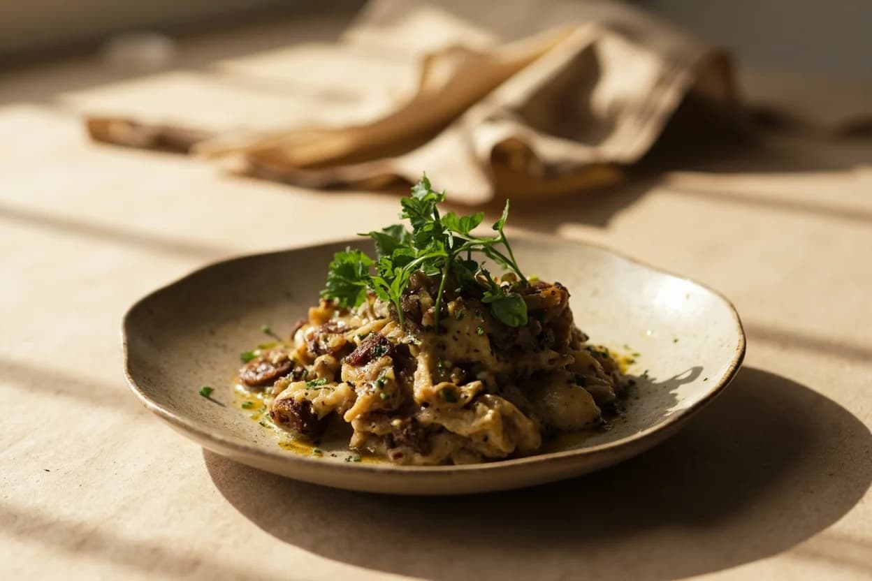 Marjoram in its element — German Bratwurst and Leberwurst. Adventurous crossover: Mushroom (porcini, cremini) — Marjoram's warm-sweet profile deepens mushroom's umami without competing; excellent in wild mushroom ragù and compound butters..