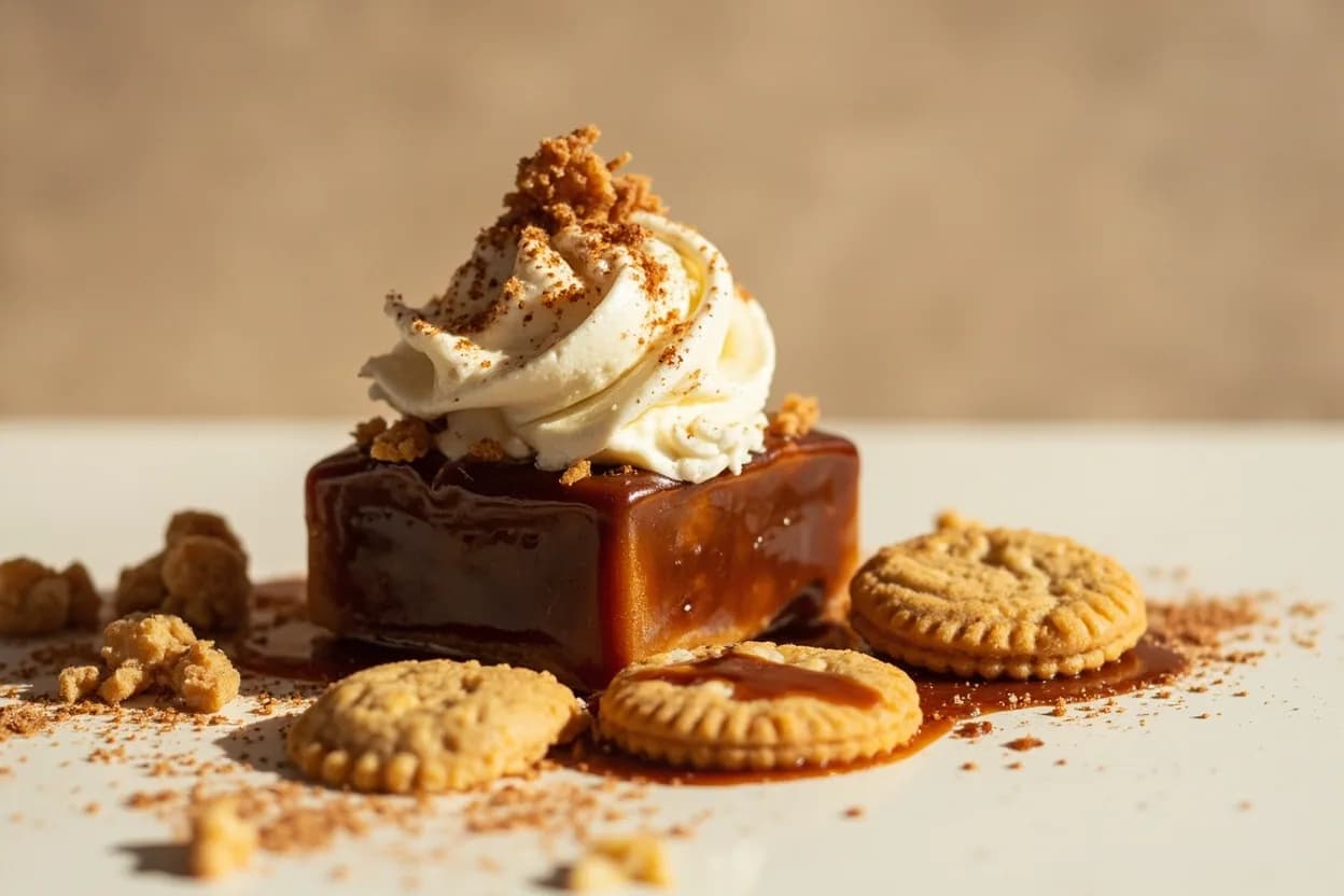 Miso Caramel paired with Vanilla ice cream (Contemporary pastry) — the canonical affinity made visible. The most classic deployment — miso caramel drizzled over vanilla ice cream creates a perfect textural and flavor contrast: cold-sweet against warm-salty-savory.