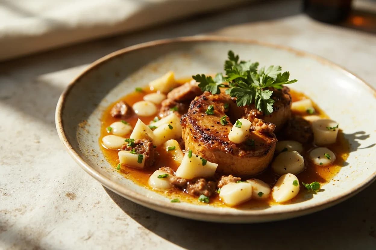 Miso Caramel in its element — Miso caramel tart. Adventurous crossover: Aged cheddar or Gruyère — Miso caramel as a cheese accompaniment — its salt and umami bridge into the savory territory of aged cheese while the sweetness provides contrast; particularly striking on a cheese board with walnuts..