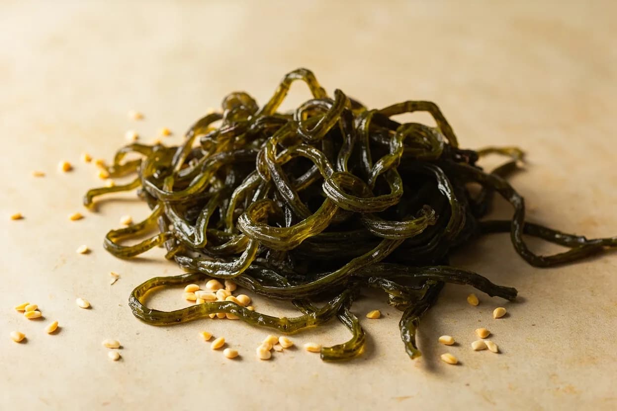 Miyeok (Wakame Seaweed) paired with Beef bone broth (gomtang / seolleongtang) (Korean) — the canonical affinity made visible. Miyeok guk — the Korean birthday soup — combines miyeok with a clear, long-simmered beef bone or brisket broth; the seaweed's mild sweetness absorbs the rich collagen-heavy stock without competing, creating a nourishing…