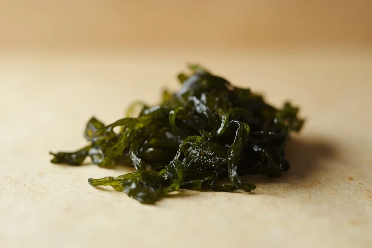 Miyeok (Wakame Seaweed) in its natural form. Miyeok (Korean) and wakame (Japanese) are the same species, Undaria pinnatifida, a brown kelp harvested along coastal East and Southeast Asia. Tasting profile: Mild, oceanic sweetness — the gentlest marine flavour of common seaweeds, Clean glutamate-driven savouriness, Faint mineral note, less briny than konbu, Slightly mucilaginous, slippery mouthfeel on the palate.
