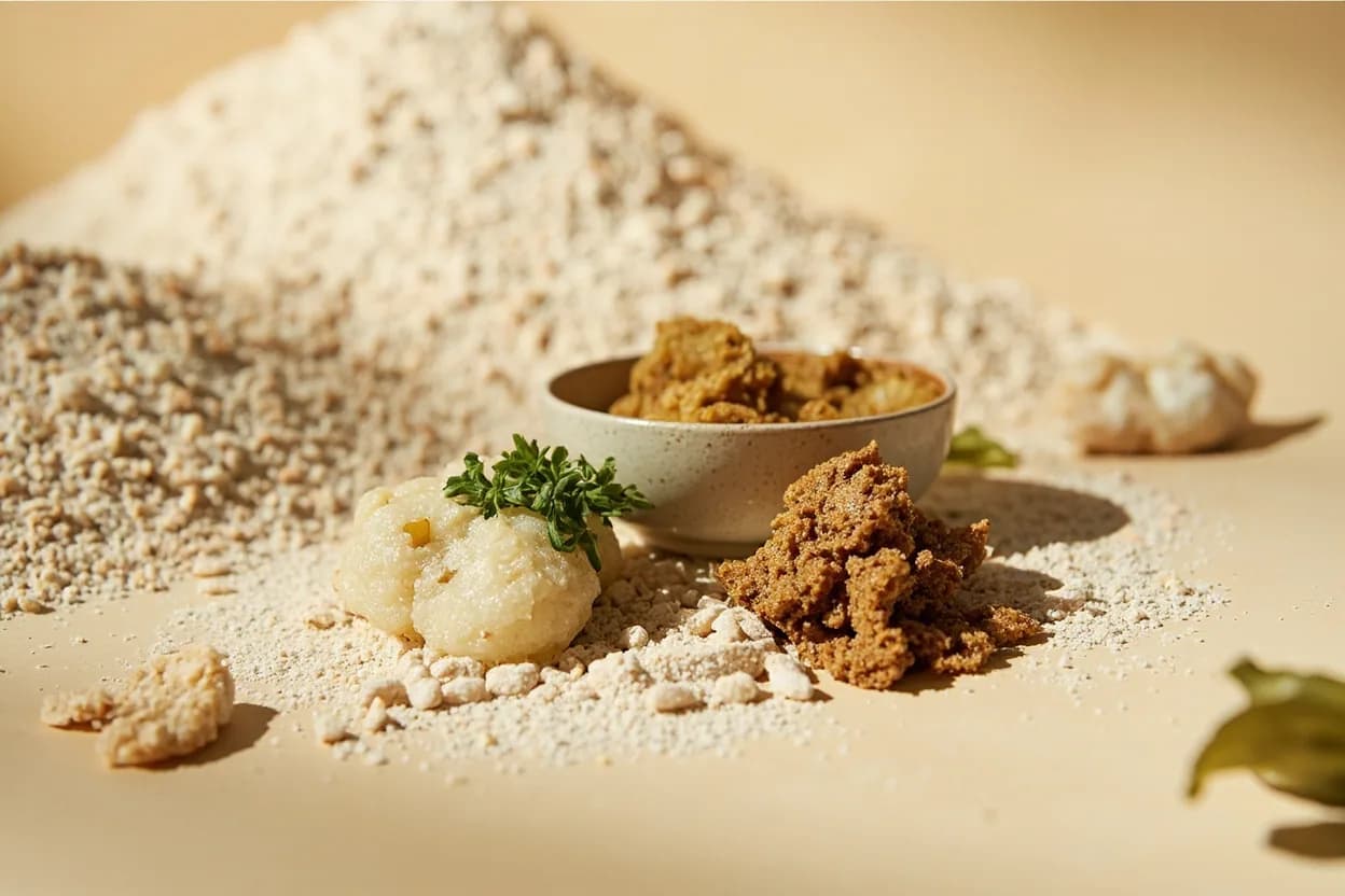 Mugwort (Ssuk) paired with Glutinous rice (sweet rice flour) (Korean) — the canonical affinity made visible. Ssuk is pounded directly into tteok dough; the fat and neutral starch temper its bitterness while the herb turns the cake a deep forest green.