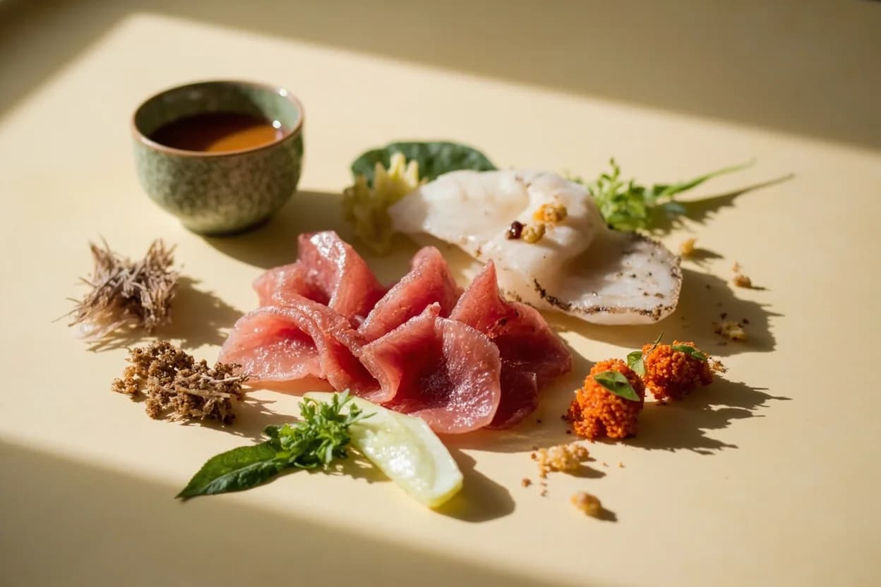 Myoga paired with Sashimi (tuna, sea bream, flounder) (Japanese) — the canonical affinity made visible. Thinly sliced myoga sits beside raw fish as both garnish and palate cleanser; its mild heat cuts fishy oils without masking delicate sweetness.