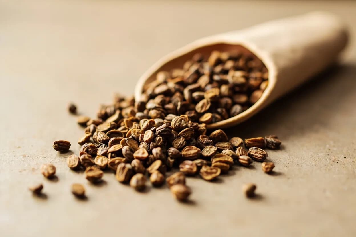 Njangsa Seeds in its natural form. Njangsa seeds come from Ricinodendron heudelotii, a large forest tree found across Central and West Africa, particularly Cameroon, Nigeria, Gabon, and the Congo Basin. Tasting profile: earthy, slightly pungent oil, roasted nut undertone, mild bitterness when raw, umami savouriness after cooking.