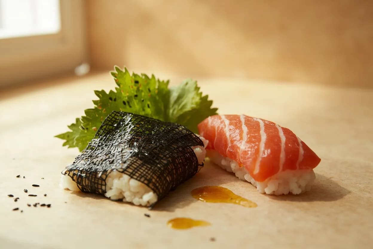 Nori paired with Sushi rice (sumeshi) (Japanese) — the canonical affinity made visible. Vinegared, slightly sweet rice is nori's canonical partner — the contrast between crisp seaweed and yielding grain is the essence of maki and temaki.