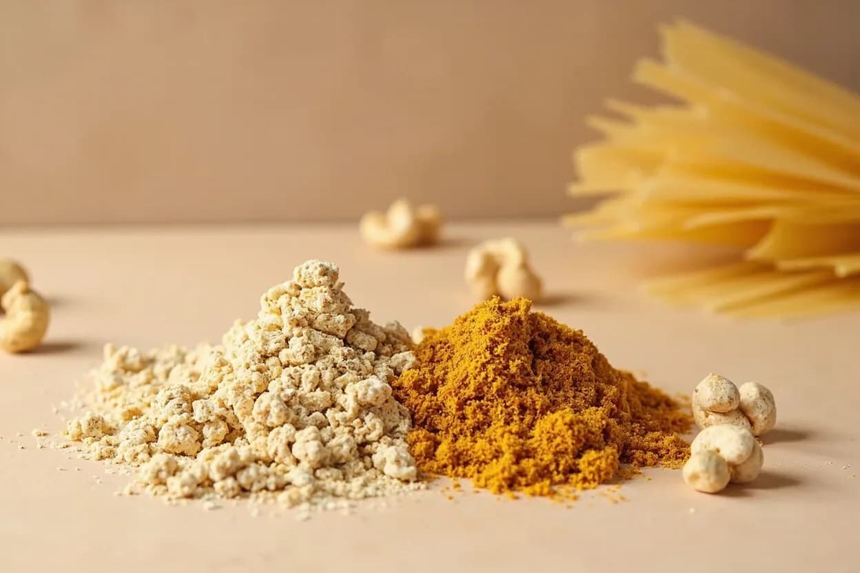 Nutritional Yeast paired with Cashews (vegan cuisine) — the canonical affinity made visible. The fat in blended cashews emulsifies around nooch's glutamates, producing a convincingly creamy, stretchy vegan cheese sauce.