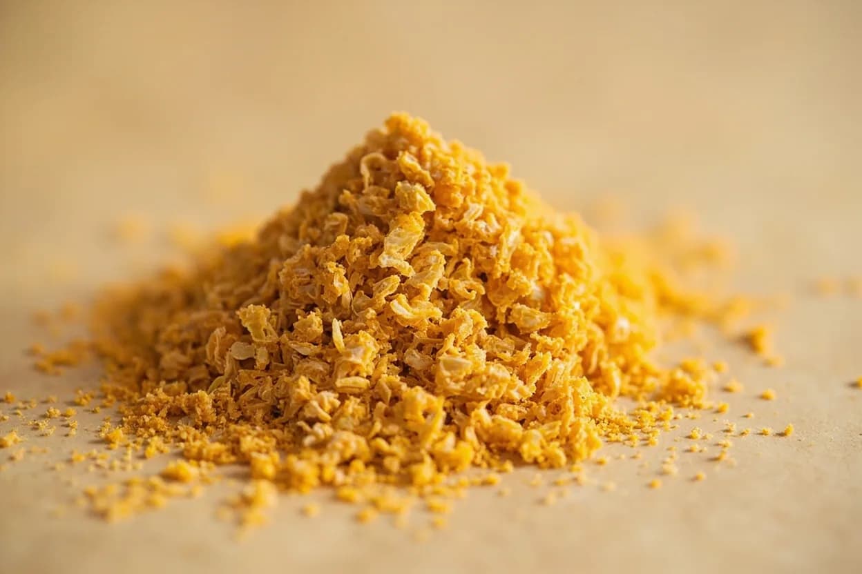 Nutritional Yeast in its natural form. Nutritional yeast is Saccharomyces cerevisiae grown specifically for food use, then deactivated by heat and dried into golden flakes or powder. Tasting profile: umami (free glutamic acid), sharp, aged-cheese character, toasted walnut undertone, mild savory sulfur.