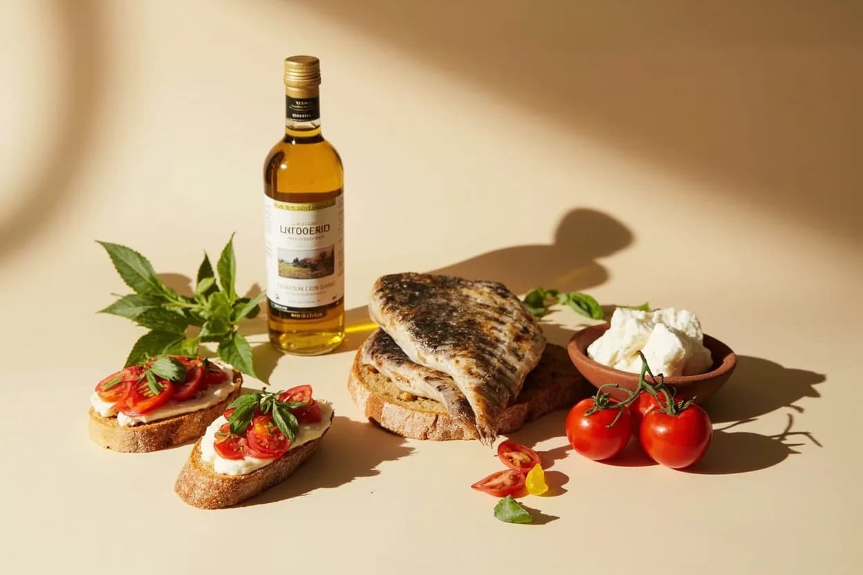 Olive Oil (Finishing) paired with Grilled or raw bread (bruschetta, pan con tomate) (Italian/Spanish) — the canonical affinity made visible. Bread is a vehicle: a generous drizzle of peppery EVOO over warm, garlic-rubbed bread is the most direct expression of the oil's flavour.