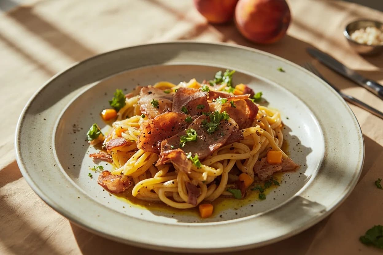 Pancetta in its element — Risi e bisi. Adventurous crossover: Peaches and stone fruit — Thin slices of pancetta arrotolata wrapped around ripe peach wedges and grilled briefly — the rendered fat picks up stone-fruit sugar in a caramelised crust; a less clichéd prosciutto alternative..