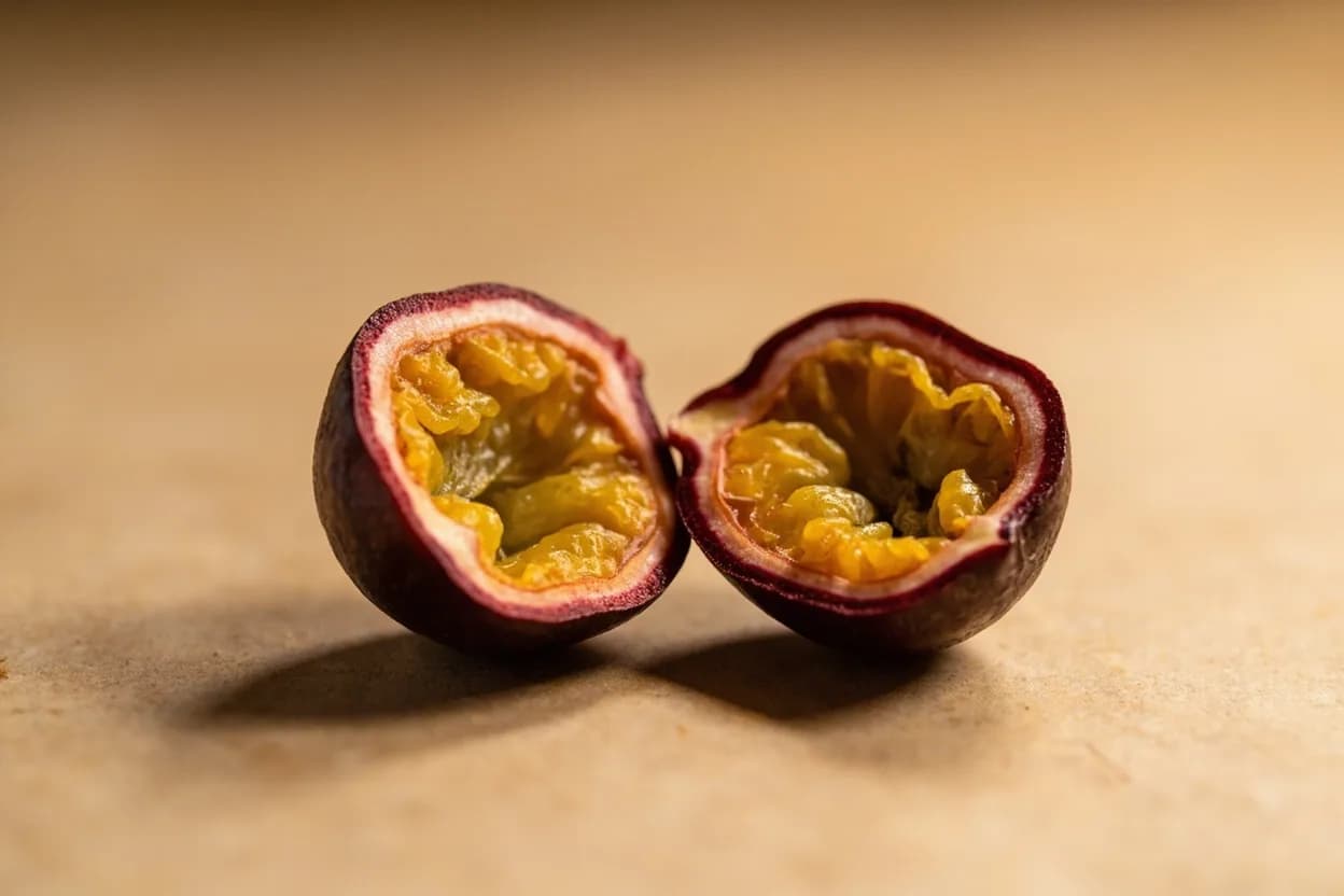 Passion Fruit in its natural form. Passion fruit (Passiflora edulis) is a subtropical vine fruit prized for its intense, complex juice and edible seeds. Tasting profile: Piercing tropical tartness, Floral, jasmine-like aromatic (linalool, geraniol), Honeyed sweetness beneath the acid, Passion fruit ester (ethyl butanoate, ethyl hexanoate).
