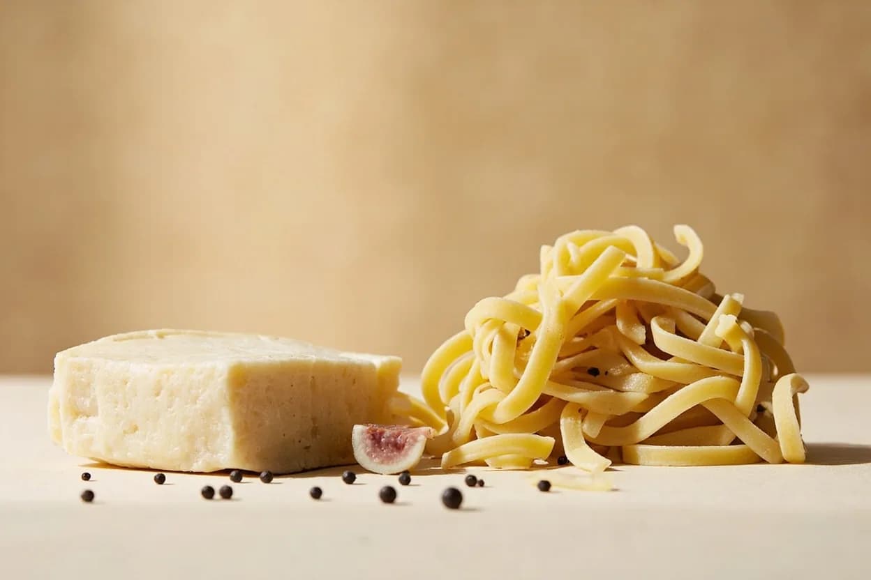 Pecorino Romano paired with Black pepper (Roman) — the canonical affinity made visible. The foundational pairing: coarsely cracked pepper's volatile oils cut through Pecorino's fat while its heat amplifies the cheese's salinity.