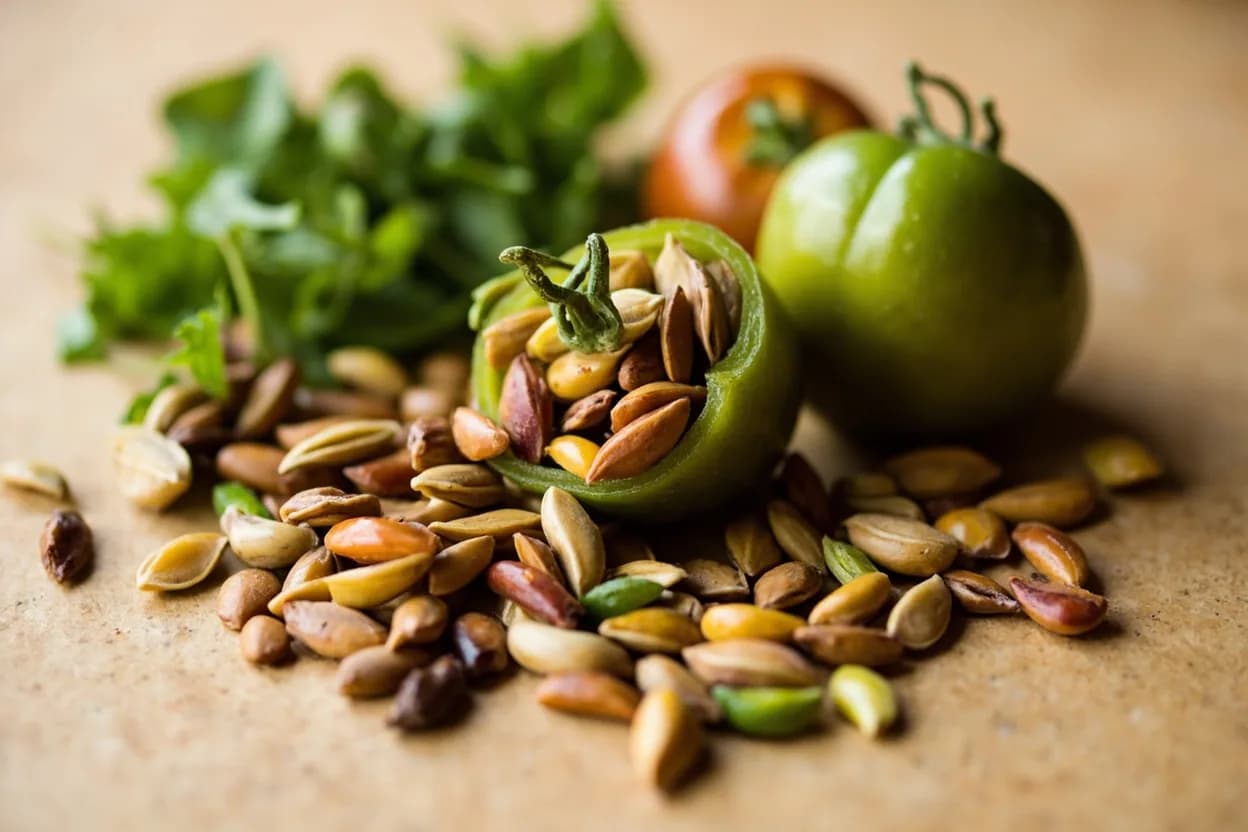 Pepitas (Pumpkin Seeds) paired with Tomatillos (Mexican) — the canonical affinity made visible. Ground pepitas thicken and enrich tomatillo-based pipián verde — the seed's fat absorbs tomatillo's acidity and softens it into a voluptuous sauce.