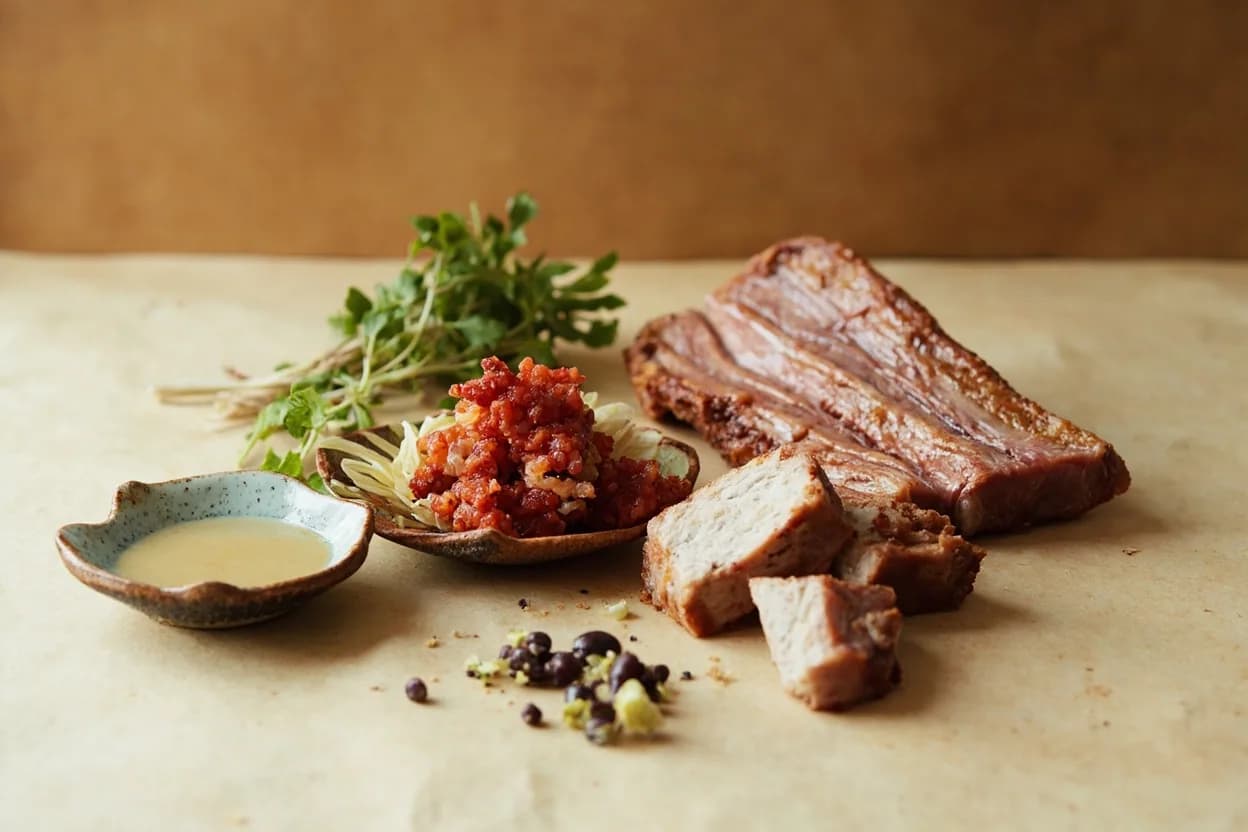 Perilla (Kkaennip) paired with Samgyeopsal (pork belly) (Korean) — the canonical affinity made visible. The canonical ssam pairing: grilled pork belly folded in kkaennip with doenjang, garlic, and green onion.