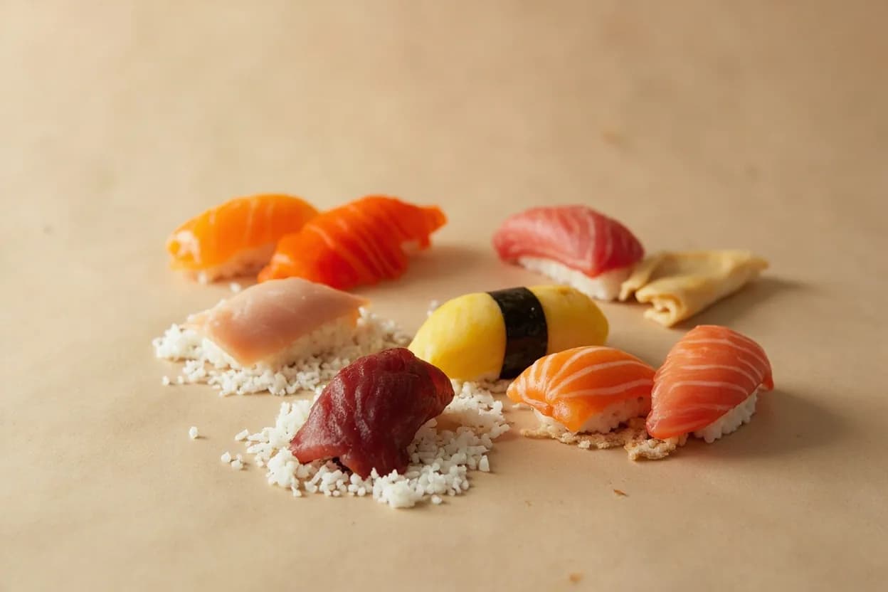 Pickled Ginger (Gari) paired with Nigiri and maki sushi (Japanese) — the canonical affinity made visible. The canonical use: a sliver of gari between pieces resets the palate so each fish reads distinctly.
