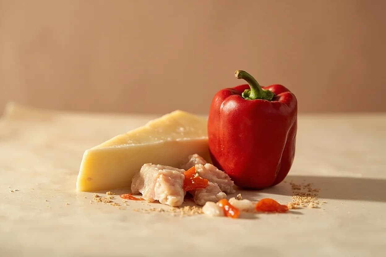 Piquillo Pepper paired with Salt cod (bacalao) (Spanish / Basque) — the canonical affinity made visible. The canonical Spanish stuffed preparation — bacalao al pil-pil or creamed salt cod inside piquillo peppers is one of the Basque Country's signature dishes; the cod's brininess and the pepper's sweetness are perfectly ca…