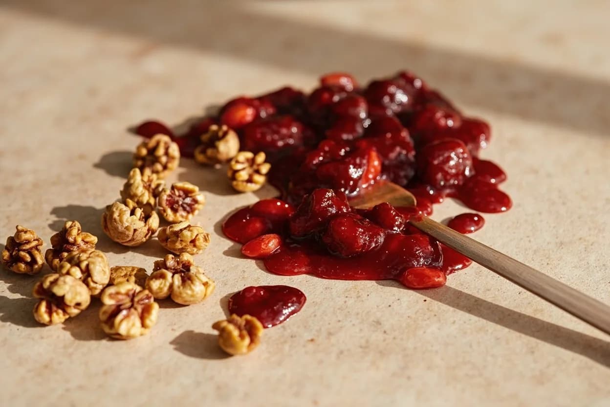 Pomegranate Molasses paired with Walnuts (muhammara) (Syrian / Lebanese) — the canonical affinity made visible. The canonical pairing: Syrian-Lebanese muhammara is a dip of roasted red peppers, toasted walnuts, and pomegranate molasses — the astringency of walnut skin and the fruit-tartness of the molasses are perfectly calibrate…