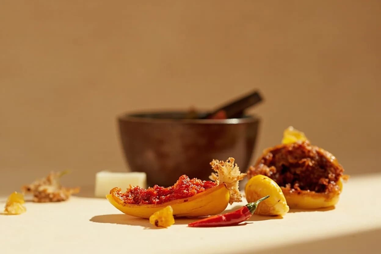 Prekese (Aidan Fruit) paired with Palm nut (Banga) soup base (Ghanaian) — the canonical affinity made visible. The fruity sweetness of palm nut broth is the natural partner for prekese's aromatic complexity; they share a tropical warmth that makes the pairing seamless.