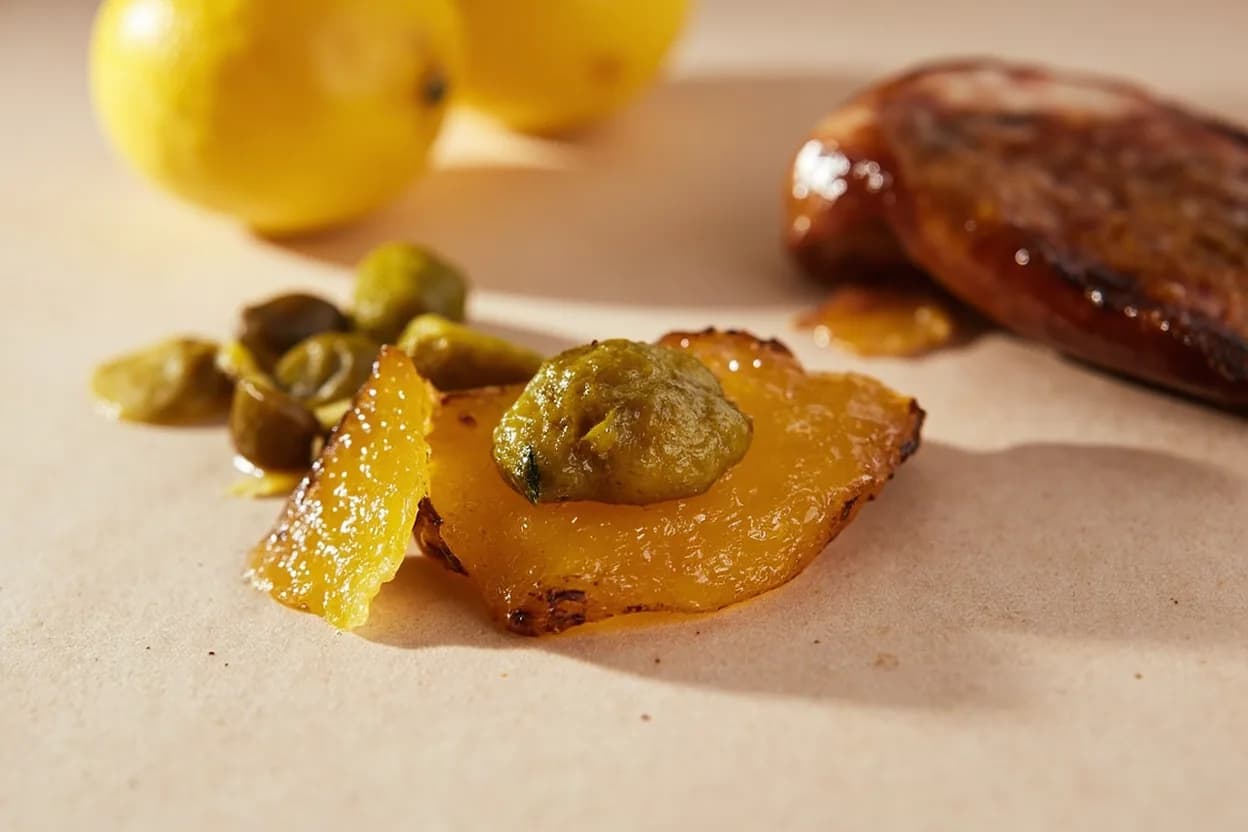 Preserved Lemon paired with Chicken (tagine or roasted) (Moroccan) — the canonical affinity made visible. The canonical Moroccan pairing — chicken with preserved lemon and olives is arguably North Africa's most famous dish.