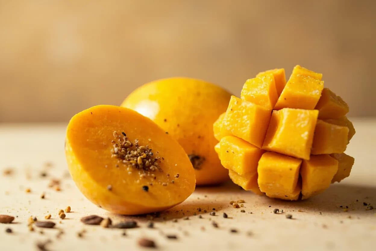 Raw Mango paired with Mustard oil (North Indian) — the canonical affinity made visible. Pungent mustard oil's heat bridges raw mango's acid into North Indian and Bengali pickles (aam ka achar); the fat carries and mellows the tartness.