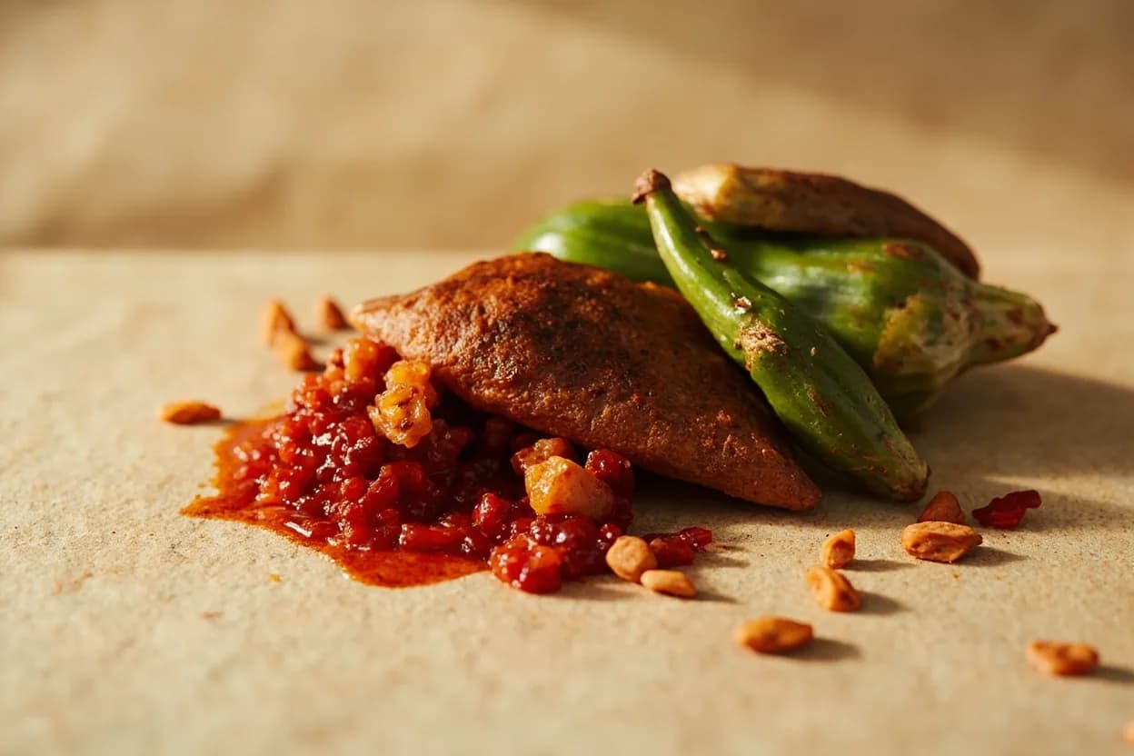 Red Palm Oil paired with Egusi (melon seeds) (Nigerian/West African) — the canonical affinity made visible. Egusi soup depends on red palm oil to carry the ground seeds — the nutty fat amplifies the melon's savory nuttiness in a self-reinforcing loop.
