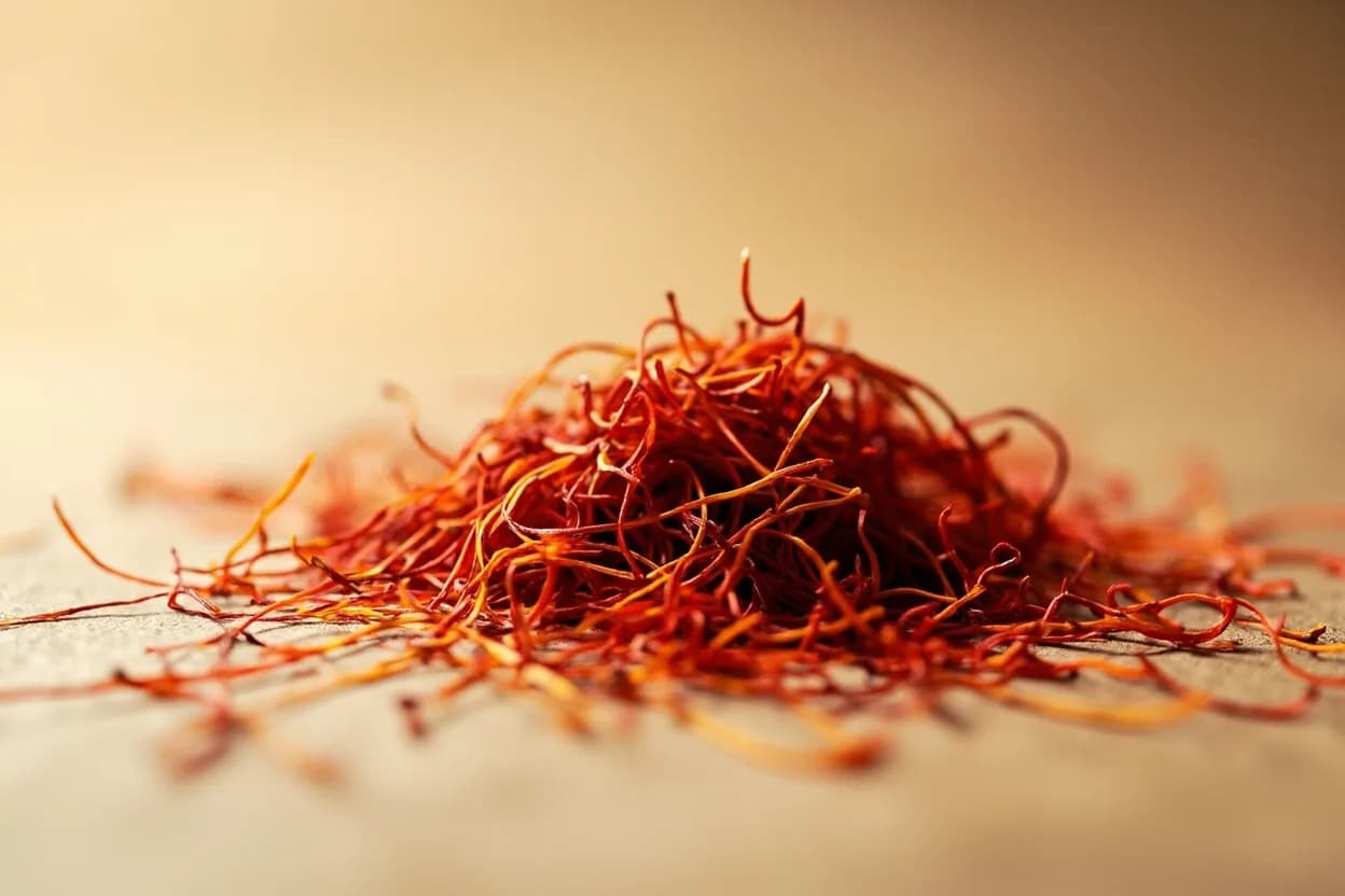 Saffron in its natural form. Saffron consists of the dried stigmas of the saffron crocus (Crocus sativus), hand-harvested at dawn before the flower opens and dried immediately. Tasting profile: honeyed, floral sweetness (safranal), warm hay and dried chamomile note, faint metallic-mineral quality, subtle bitter finish (picrocrocin).