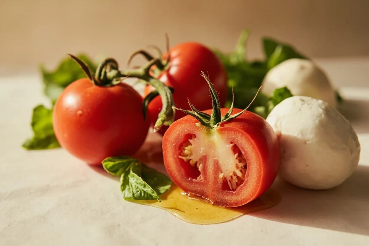 San Marzano Tomato paired with Fior di latte / Buffalo mozzarella (Italian (Neapolitan)) — the canonical affinity made visible. The classic Neapolitan pairing: the tomato's gentle sweetness and clean acid balance the milky, neutral richness of fresh mozzarella.