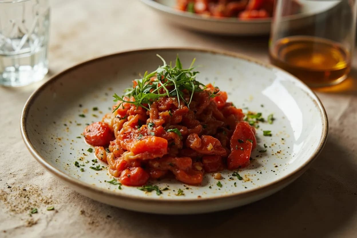 San Marzano Tomato in its element — Pizza Margherita (Neapolitan STG). Adventurous crossover: Nduja — The volcanic heat and pork-fat richness of Calabrian nduja melt into San Marzano's sweet pulp to create a deeply savory, aromatic sauce — the sweetness moderates the spice while the fat carries it..