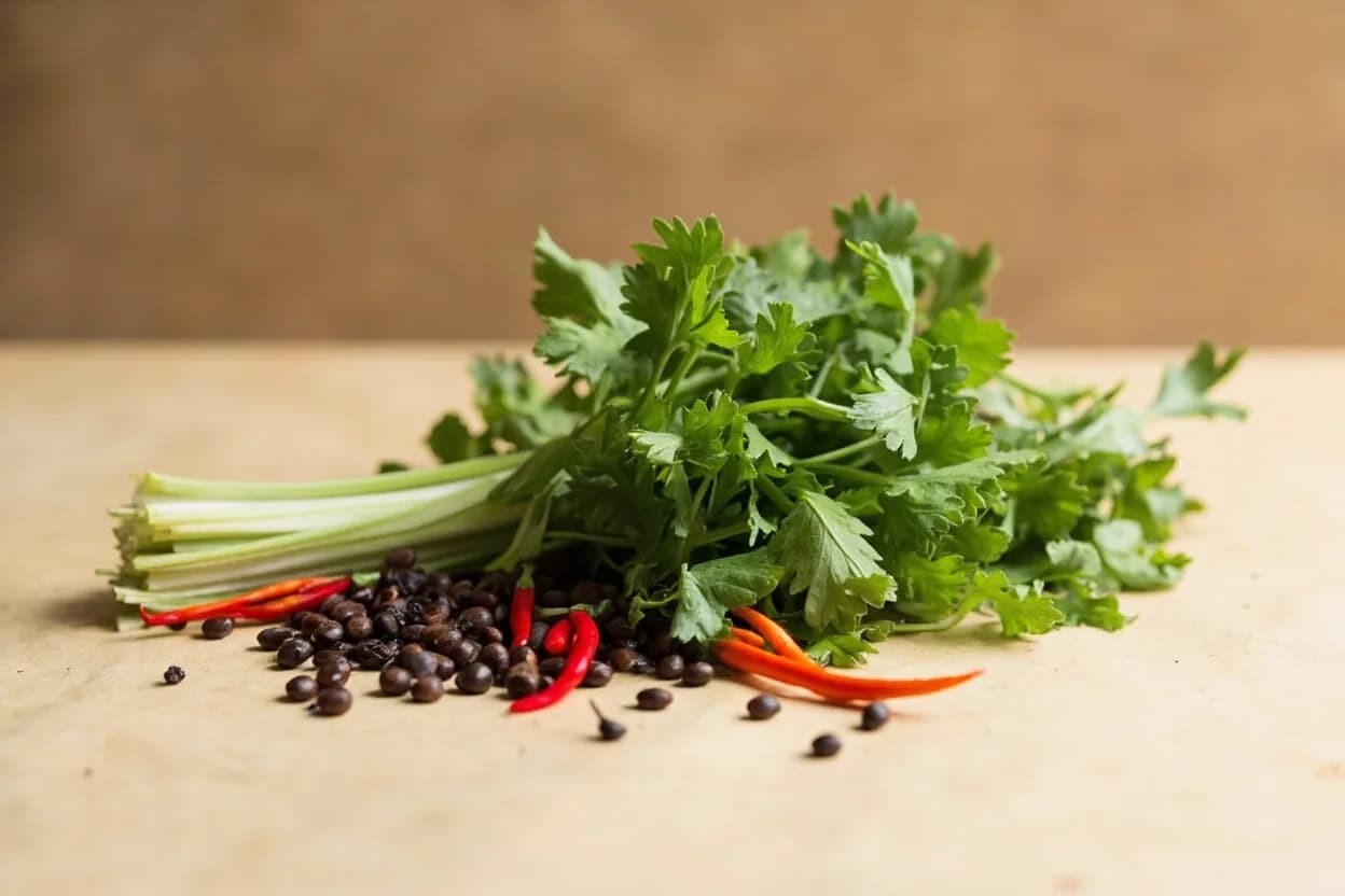 Sawtooth Coriander (Culantro) paired with Scotch bonnet chilli (Caribbean (Trinidad, Puerto Rico)) — the canonical affinity made visible. The canonical Caribbean pairing: culantro's green intensity balances Scotch bonnet's fruity, incendiary heat in sofrito and green seasoning.