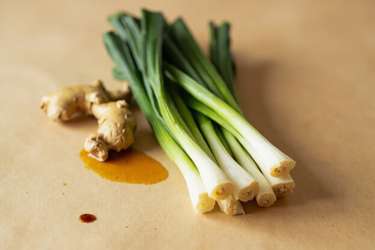 Scallion (Green Onion) paired with Ginger (Chinese) — the canonical affinity made visible. The foundational Cantonese aromatic duo — scallion and ginger are the pair that goes into steamed whole fish, white-cut chicken poaching liquid, and virtually every wok preparation in southern Chinese cooking; ginger's …