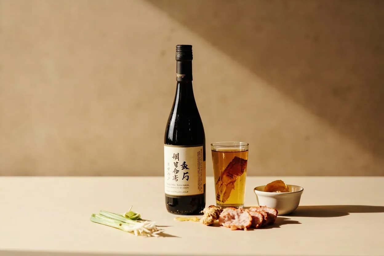 Shaoxing Wine paired with Soy sauce (Chinese) — the canonical affinity made visible. The foundational pairing for red braises (hong shao), stir-fry sauces, and marinades — Shaoxing provides depth and sweetness while soy adds salt and color.