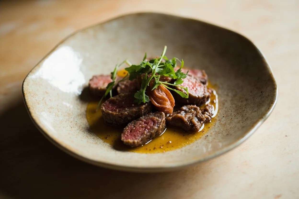 Shaoxing Wine in its element — Hong shao rou (red-braised pork belly). Adventurous crossover: Dry-aged beef — Shaoxing's oxidized, nutty character mirrors the enzymically complex notes of dry-aged beef; used as a marinade or deglaze it reinforces rather than masks the beef's depth..