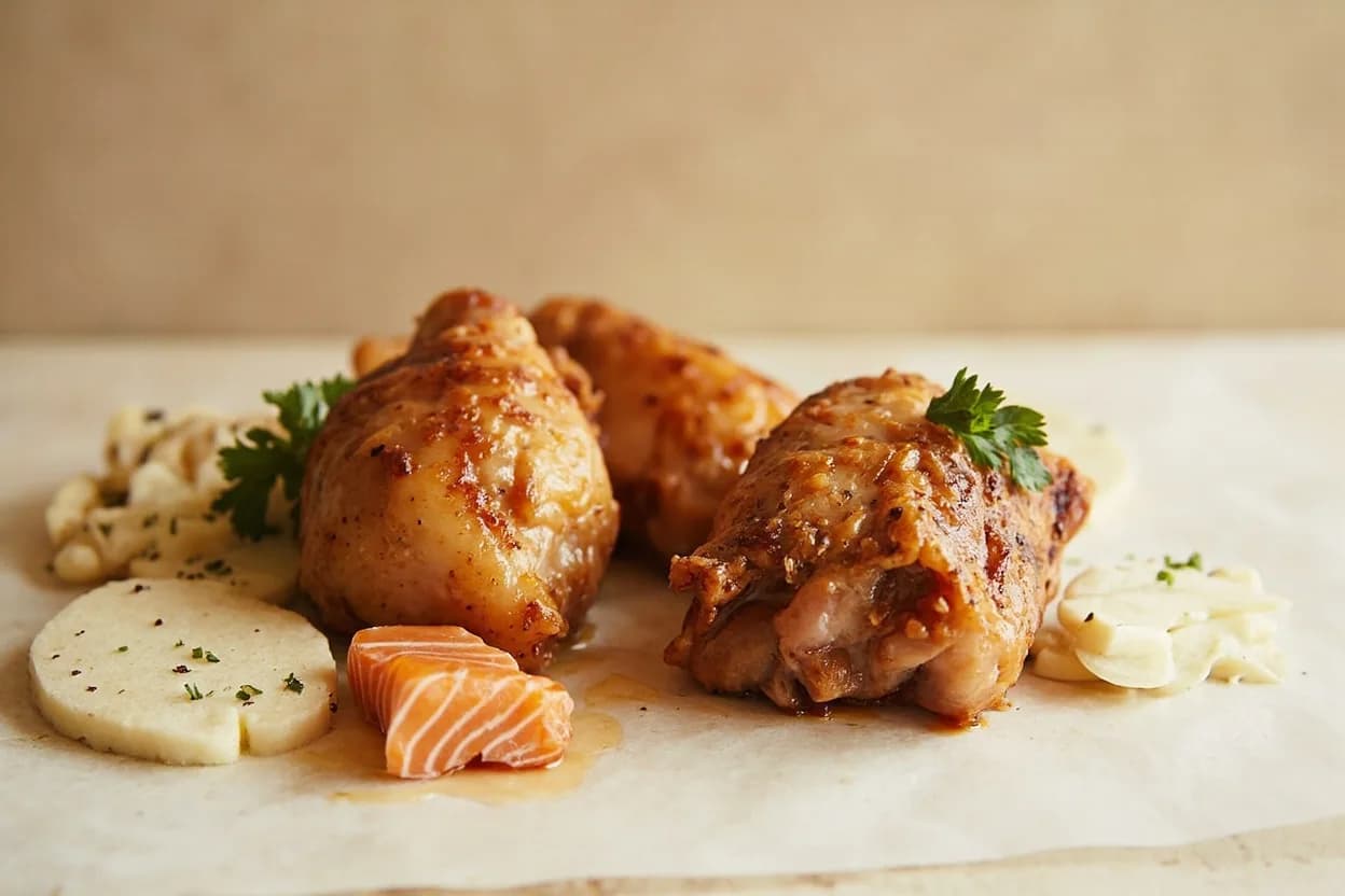 Shio Koji paired with Chicken (thighs, breasts) (Japanese) — the canonical affinity made visible. Marinating chicken in shio koji for 6–24 hours tenderizes the meat via protease activity and produces deeply browned, juicy results when grilled or roasted; arguably the most popular contemporary shio koji application i…