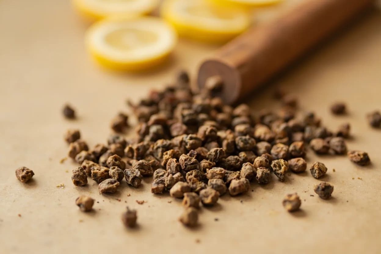 Sichuan Peppercorn in its natural form. Sichuan peppercorns are the dried husks of the prickly ash shrub (Zanthoxylum simulans or Z. Tasting profile: hydroxy-alpha-sanshool numbing tingle (ma), bright citrus zest — lemon, yuzu-like, floral lavender-violet undertone, woody, piney resin note.