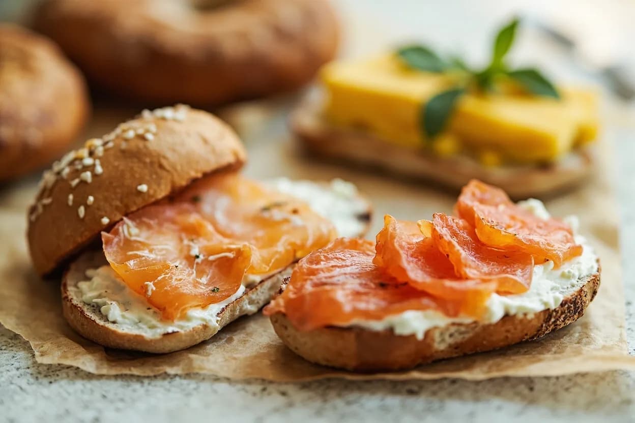 Smoked Fish paired with Cream cheese and bagels (American Jewish deli) — the canonical affinity made visible. The canonical New York pairing: cold-smoked salmon's richness needs the neutral fat of cream cheese to carry it and the chewy-crisp bagel to anchor it.
